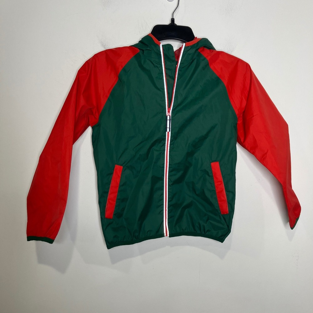 Mini Boden rain jacket red & green color block kids size 8/9 yrs spring